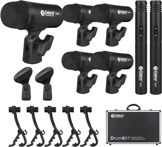 D Debra DK7 Pro 7-delige bedrade drummicrofoonkit voor drummers, inclusief microfoon, microfoonclip met opties voor kick drums, snare, rack/floor toms, congas en cymbals