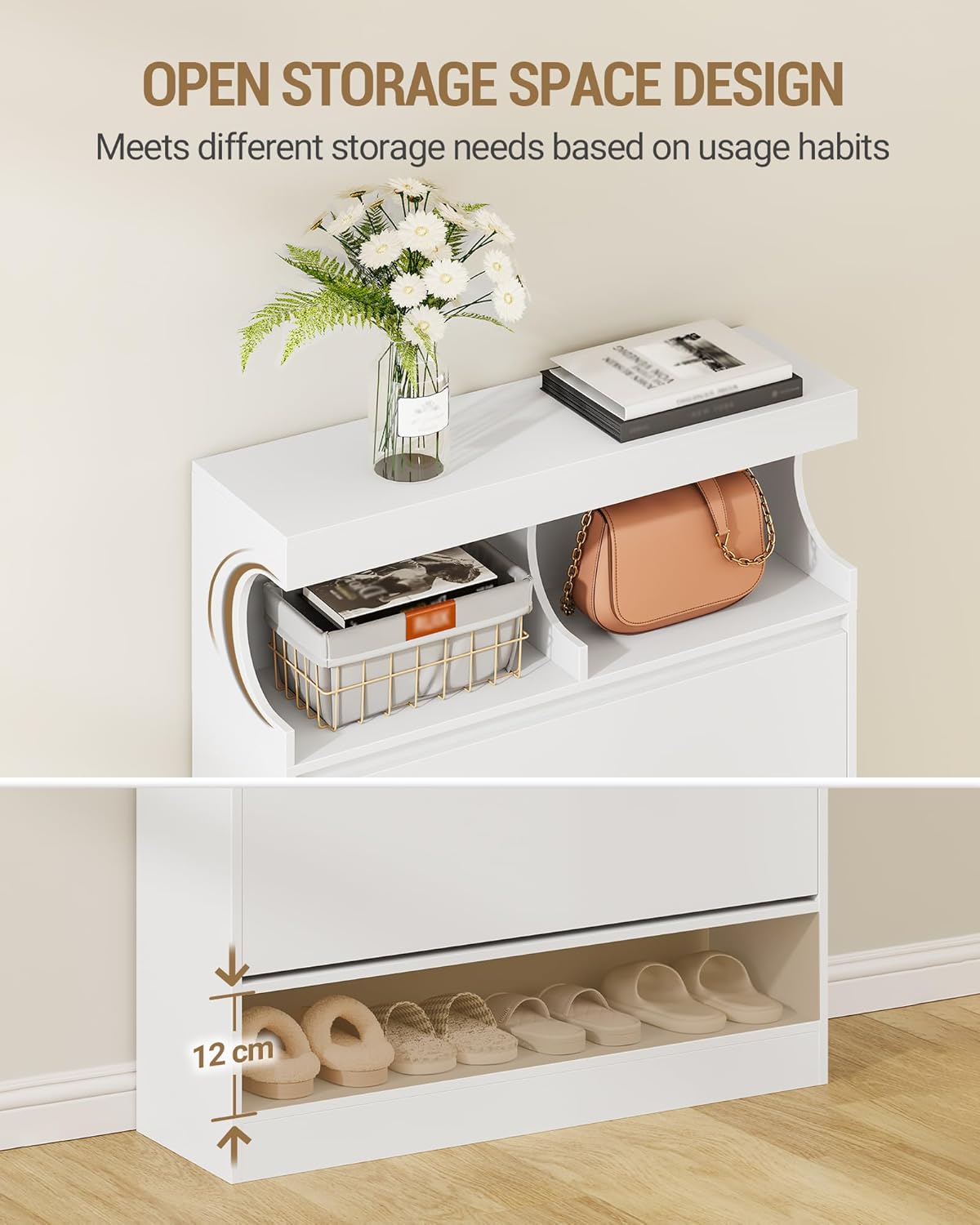 Hzuaneri Shoe Cabinet, Shoe Storage, Wooden Shoe Rack, Open Compartment, Divider Adjustable, 16-20 Pairs, Large Capacity for Hallway, Wardrobe, 2 Flaps (80B cm), White SR63203X