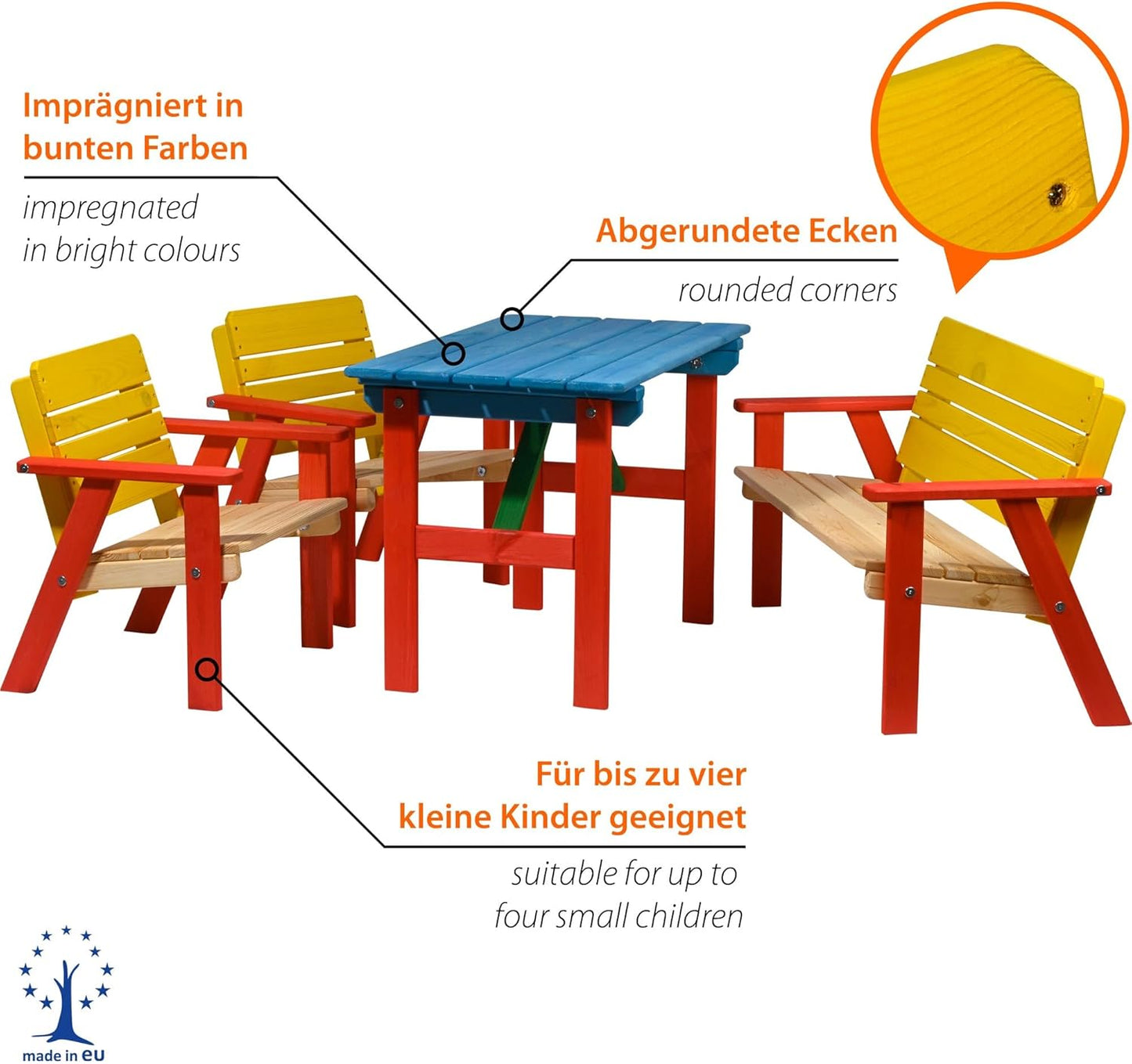 dobar Kinderzitset met kindertafel, kinderzitbank en tweemaal kinderstoel, meerkleurig