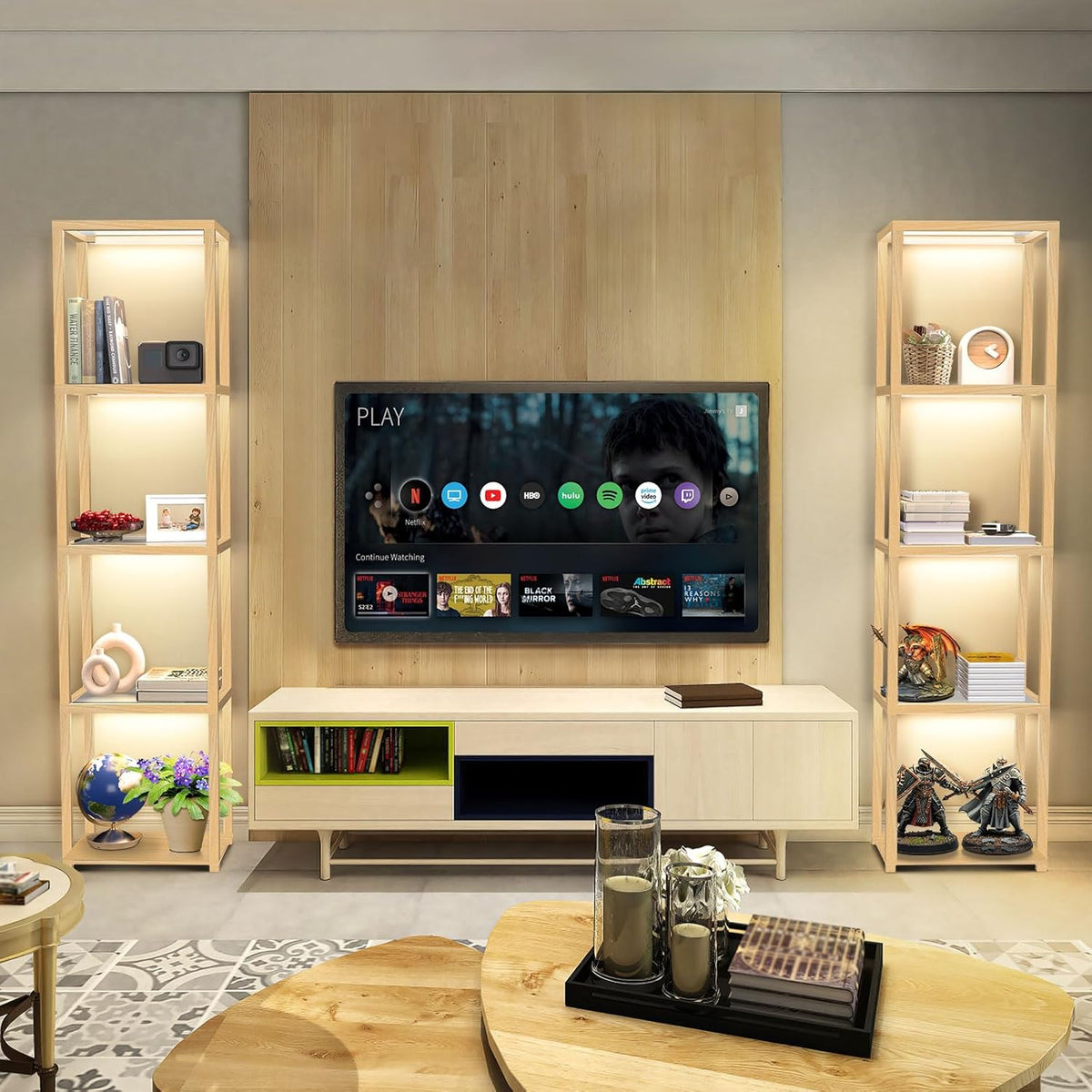 OUTON 170cm Glazen Vitrinekast met Verlichting, Dimbare LED Vloerlamp met Afstandsbediening en App-bediening, Open Boekenkastlamp voor Woonkamer en Slaapkamer, Hout