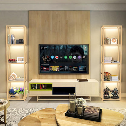 OUTON 170cm Glazen Vitrinekast met Verlichting, Dimbare LED Vloerlamp met Afstandsbediening en App-bediening, Open Boekenkastlamp voor Woonkamer en Slaapkamer, Hout