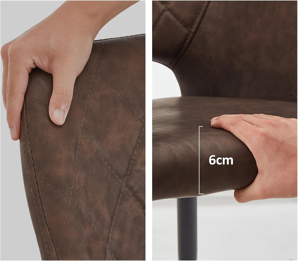 TUKAILAI Set van 2 kunstleren eetkamerstoelen, gestoffeerd, met open rugleuning, armleuningen, gevoerde zitting, metalen poten, stoelen voor woonkamer, eetkamer, keuken, bruin - QUORE