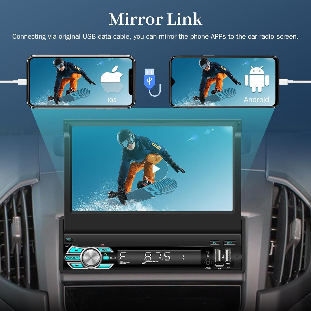 1 Din Car Radio with Extendable Display with Wireless Carplay and Android Car - 7 Inch Car Radio Carplay Support Mirror Link USB Type C + AHD Rear Camera and Remote Control - QUORE