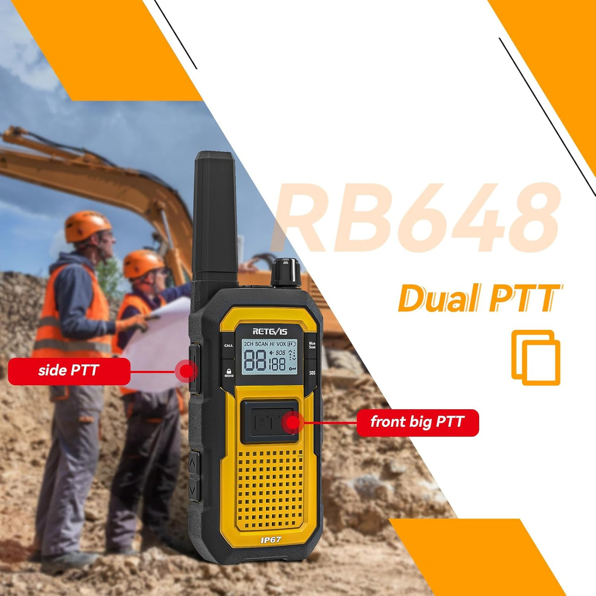 Retevis RB648 Walkie Talkie, IP67 Waterdichte Tweewegradio, Dubbele PTT, SOS-Vibratie, 2000mAh, Heavy-Duty Walkie-Talkie met Oortelefoon voor Bouwplaatsaannemers (4 Stuks, Geel)