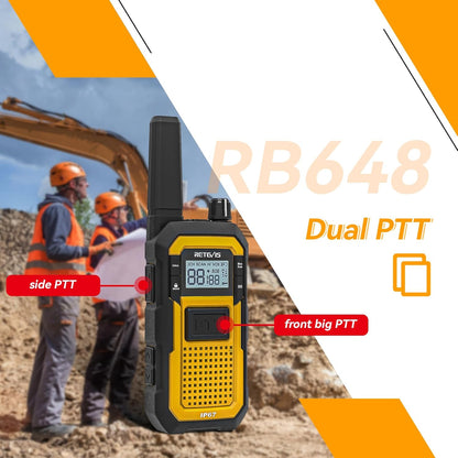 Retevis RB648 Walkie Talkie, IP67 Waterdichte Tweewegradio, Dubbele PTT, SOS-Vibratie, 2000mAh, Heavy-Duty Walkie-Talkie met Oortelefoon voor Bouwplaatsaannemers (4 Stuks, Geel)