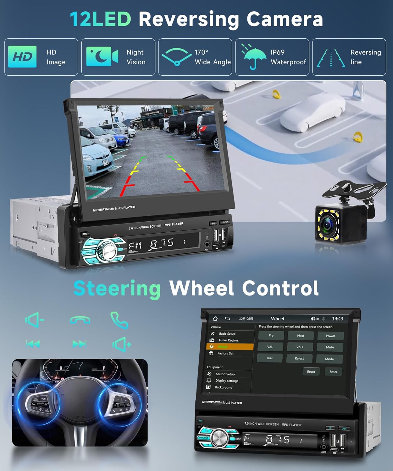 Podofo Draadloze Carplay Autoradio 1Din met 7'' Uitschuifbaar Display Handmatig Scherm Draadloos Android Auto Bluetooth 5.1 FM 2USB/AUX/SD/Stuurbediening met Achteruitrijcamera Stuurbediening
