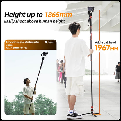 Fotopro 73-Inch Koolstofvezel Monopod met Pedaal en Voeten - 3-in-1 Professionele Carbon Fiber Travel Kit, Max 22 lbs voor DSLR Camera Stabilizer Videografie, Grijs