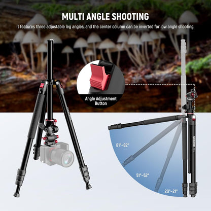 NEEWER Horizontaal monopod statief voor camera met vloeibare kop en flexibele middenkolom, 228 cm hoge metalen DSLR-video-reishouder, Arca-QR-code en omgekeerde voeten, belasting 6 kg, TP64