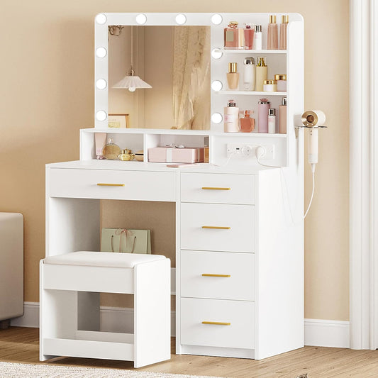 Hzuaneri Dressing Table with 3-Color LED Lighting, with Power Socket and Large Mirror, Stool and Hair Dryer, Dressing Table with Multiple Drawers, 6 Open Storage Compartments, WhiteDT39003X
