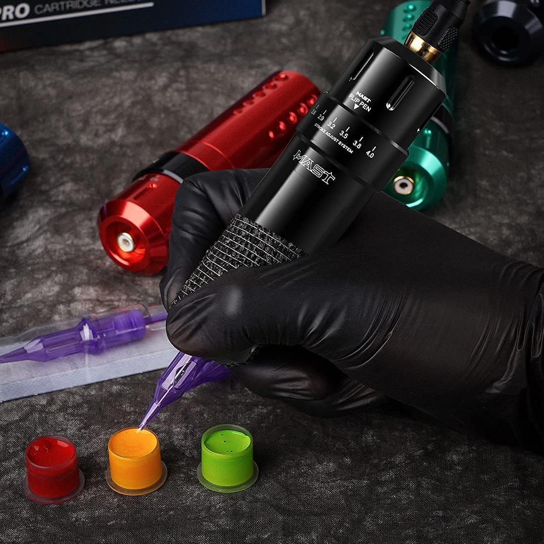 Mast Tattoo Machine Kit Flip Wireless Tattoo Pen Rotary Tattoo Gun 7 Strokes Length 2Pcs Batteries interchangeable RCA Jack Tattoo Needles Cartridges for beginners and tattooists