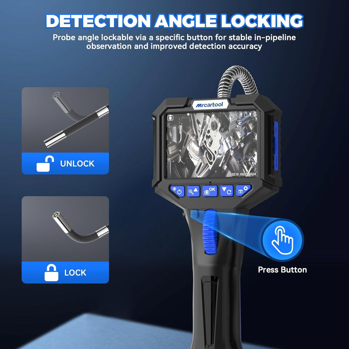 MR CARTOOL Endoscoopcamera met licht, inspectiecamera, 5 inch, IPS 1080P, industriële endoscoop, 210 graden, tweerichtingsdraaibaar, 6,35 mm endoscoop