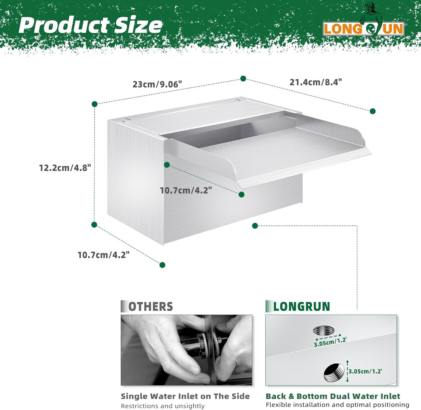 LONGRUN 23 cm vijver waterval, 304 roestvrij staal, zwembadwaterval met waterpomp, 7 kleuren Bluetooth LED tuinfontein