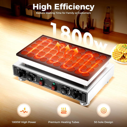 Elektrische Pannenkoekenmaker – Mini Pannenkoekjesmaker – Poffertjespan – Dorayaki Machine – Mini Bakplaat – 50 Gaatjes 1800W – Instelbare Temperatuur en Tijd