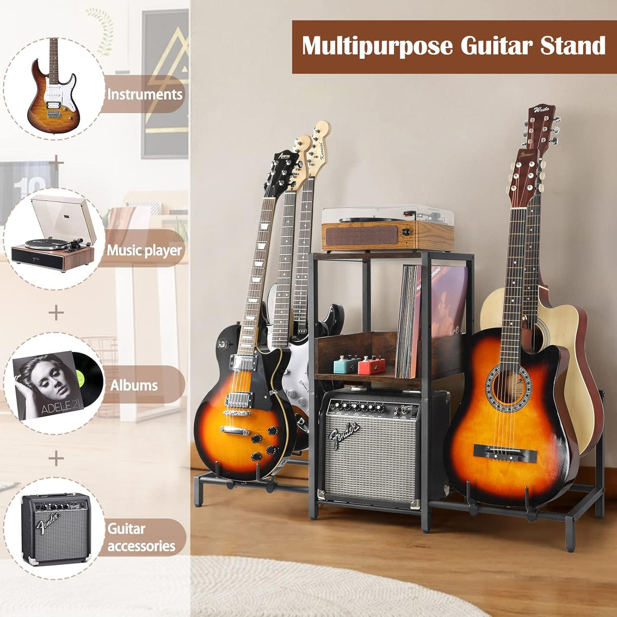 Gitaar Standaard 5-Tier voor Elektrische Gitaar Akoestische , Bas, Gitaarrek Houder Floor Verstelbaar voor Meerdere gitaren, Gitaarversterker Accessoires, Gitaardisplay voor Muziekkamer
