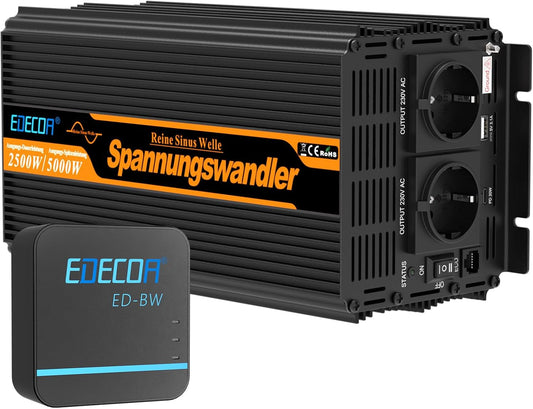 EDECOA 12 V 230 V omvormer, 2500 W/5000 W, 12 V naar 230 V, zuivere sinusgolf, omvormer met wifi-module, ondersteuning voor app-functies met 1 USB-poort en 1 PD-aansluiting