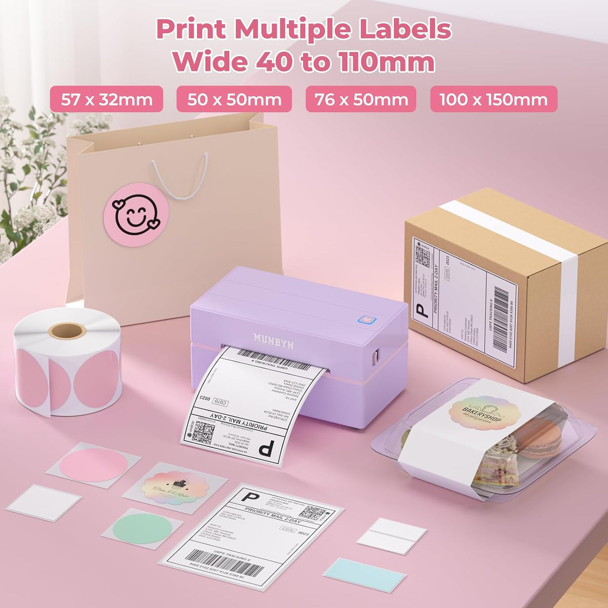 MUNBYN Labelprinter Bluetooth 4x6, Thermische Labelprinter, Ideaal voor kleine bedrijven en thuisgebruik, Compatibel met iOS, Android, Windows, Chromebook, DHL en UPS, Paars