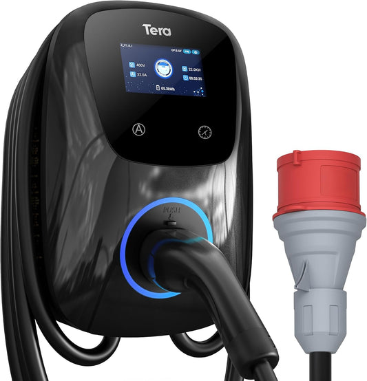 Tera Driefasige oplader voor elektrische auto, type 2: laadstation voor elektrisch voertuig, 22 kw, 32 A, 400 V, CEE-stopcontact, instelbare stroom, CE-gecertificeerd, 7 m, oplaadkabel compatibel met
