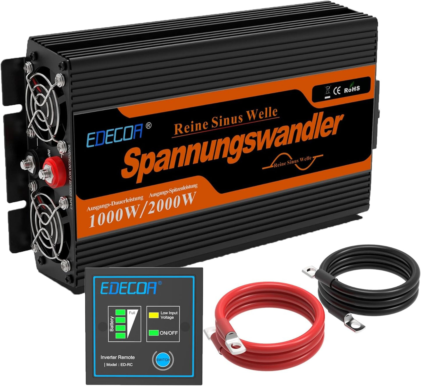EDECOA Omvormer Zuivere Sinus 1000W 12 V 230 V Auto Omvormer 12V naar 230V Spanningsomvormer 2000W Piekvermogen Inverter Pure Sine Wave met Afstandsbediening EU Stopcontacten