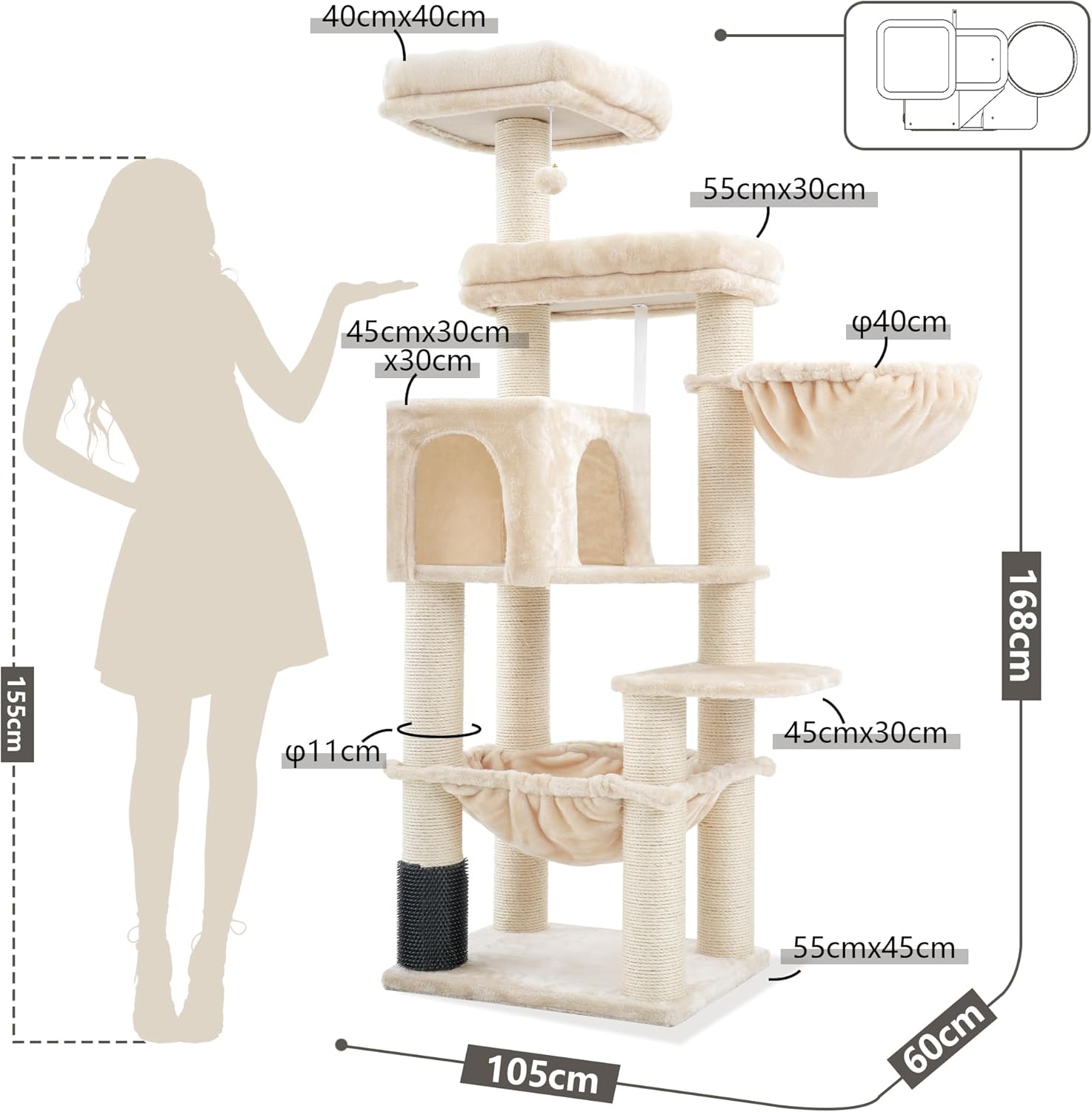 Krabpaal – Kattenboom – Kattenmeubel – Krabmeubel – Krabton – Extra Groot – 168 cm Hoog – 11 cm Sisal Palen – Grote Hangmatten – Beige - QUORE