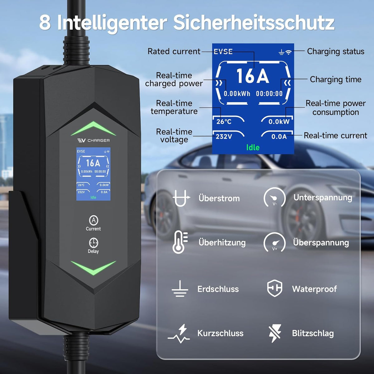 Mobile Wallbox 11 kW 5 m, 6-16 A 3-fasig type 2 oplaadkabel, draagbare EV oplader met digitaal display, instelbare stroom, mobiel laadstation voor elektrische voertuigen