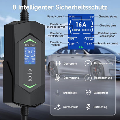 Mobile Wallbox 11 kW 5 m, 6-16 A 3-fasig type 2 oplaadkabel, draagbare EV oplader met digitaal display, instelbare stroom, mobiel laadstation voor elektrische voertuigen