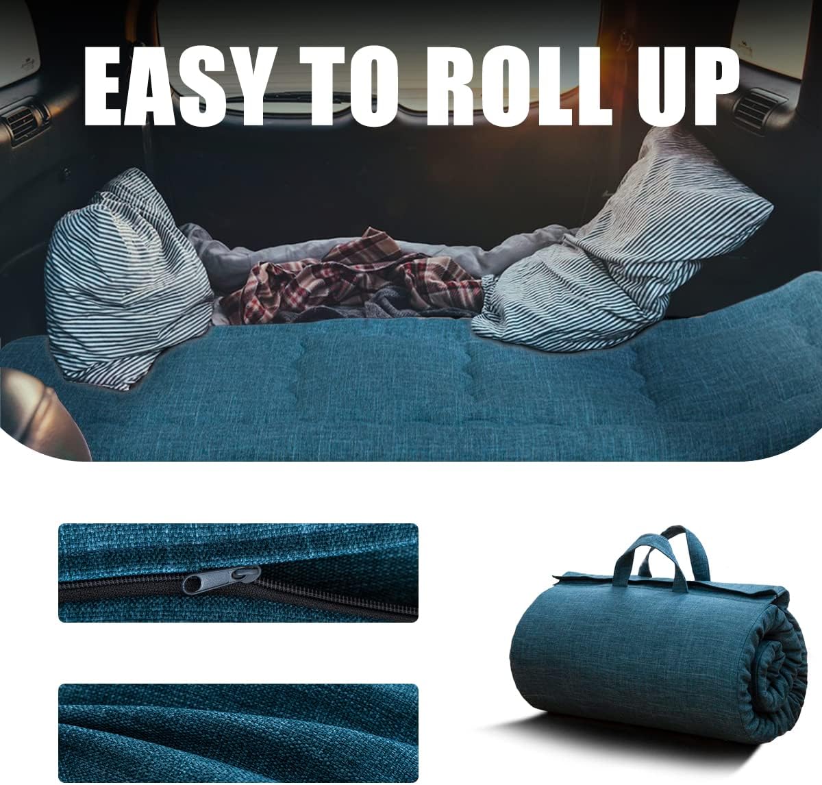 MAXYOYO Draagbare opvouwbare futonmatras, hypoallergene stof en schuimmatras met hoge dichtheid met handvat en rits, voor buiten, binnen, camping, gastenauto (blauw, 71 x 190 cm)