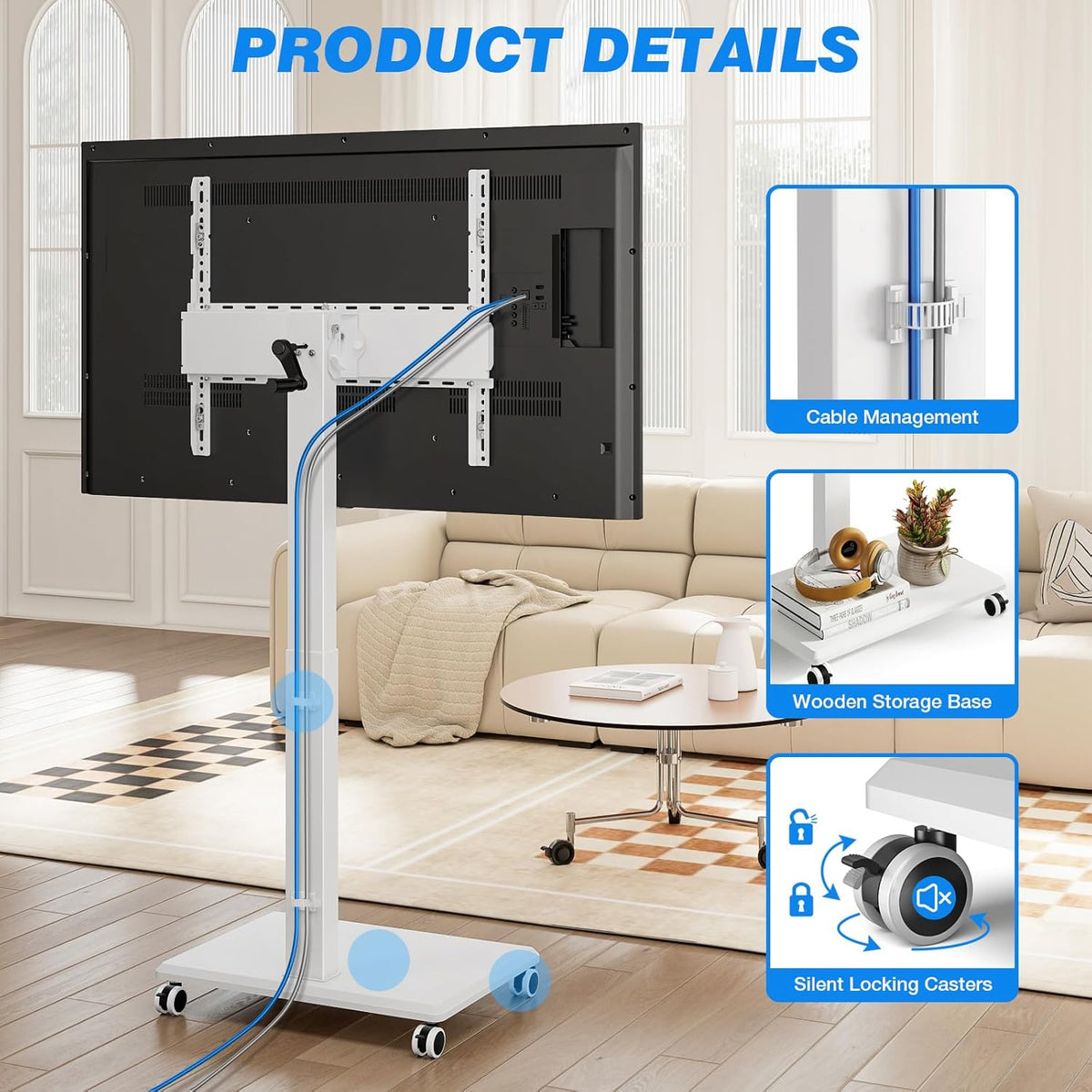 Draagbare tv met standaard met wieltjes voor 42-75 inch, hoogteverstelling met zwengel, tv-beugel voor de vloer, maximale belasting 50 kg, VESA max. 600 × 500 mm