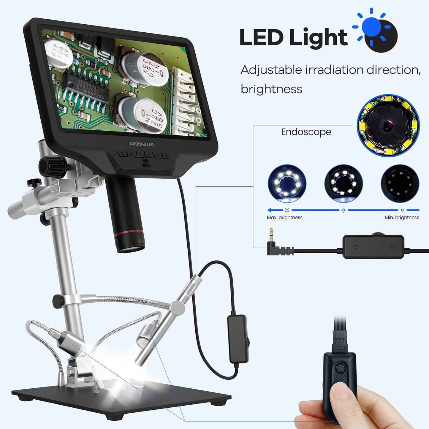 Andonstar AD409 Pro HDMI digitale microscoop met endoscoop, 10,1 inch LCD-scherm soldeermicroscoop, 300X USB elektronische microscoopcamera voor PCB-solderen, muntenverzameling, ondersteunt Windows-pc