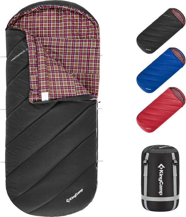 KingCamp Slaapzak XL 3-4 Seizoenen Katoen Flanel 220 x 100 cm Extra Groot voor Volwassenen Extreem -8 °C Compact Draagbaar Comfortabel Professioneel Warm voor Kamperen Wandelen Buiten Binnen