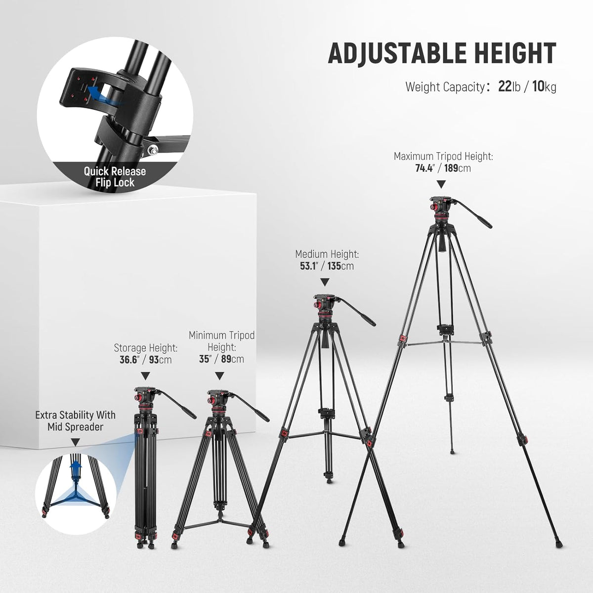 Videostatief – Camerastatief – Camera Statief – Tripod – Filmstatief – Vloeistofkop Met Instelbare Demping – 360° Draaibaar Met +90°/-75° Kanteling