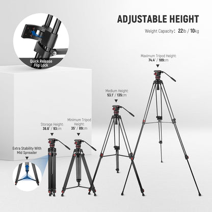 Videostatief – Camerastatief – Camera Statief – Tripod – Filmstatief – Vloeistofkop Met Instelbare Demping – 360° Draaibaar Met +90°/-75° Kanteling
