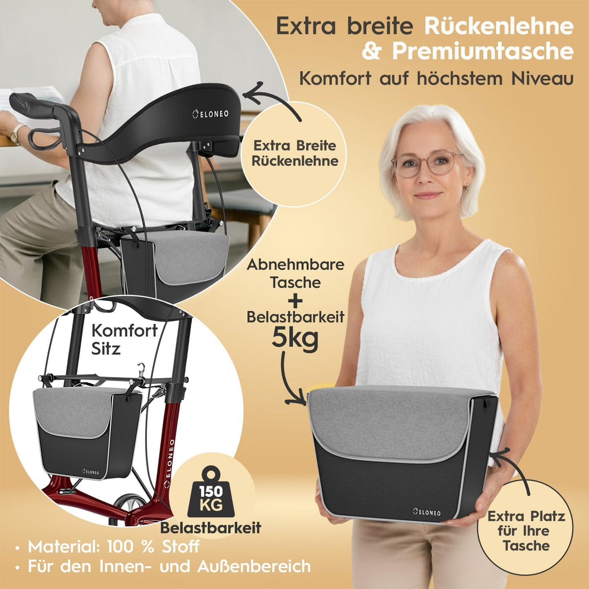 Carbon rollator inklapbaar lichtgewicht met zit, lichtgewicht reisrollator 5,5 kg, loophulp voor senioren 9-voudig in hoogte verstelbaar, inklapbare loopwagen, met tas & parapluhouder