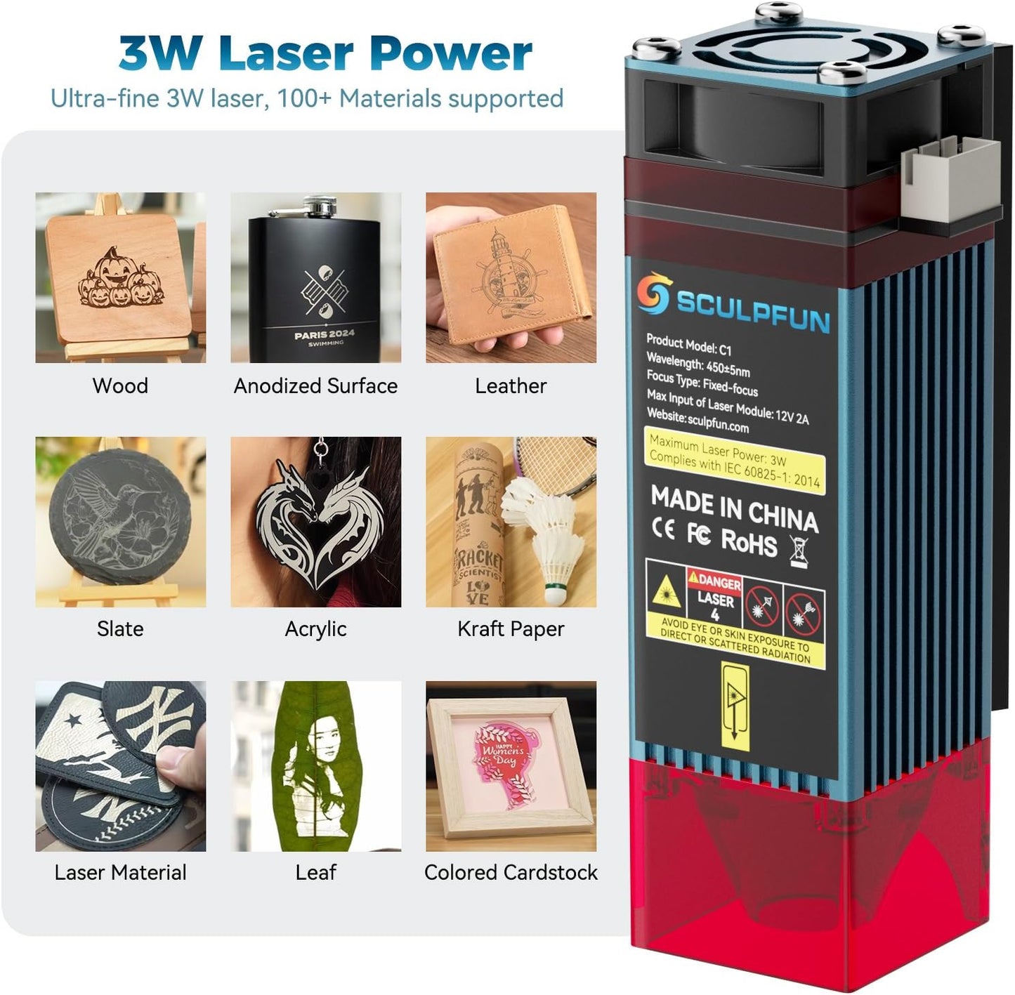 SCULPFUN C1 Mini Laser Engraver, 3W Portable Laser Engraving Machine with 0.04mm Ultra Fine Spot, Work for DIY Beginners,Plywood,Leather,Kraft Paper,Slate, Engraving Area 150 * 130mm