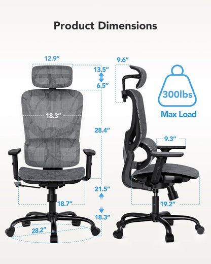Ergonomische Bureaustoel – Mesh bureaustoel – Computerstoel – Gamingstoel – Bureaustoel Met Hoge Rugleuning – Verstelbare Lendensteun Met 5 Niveaus – Ademend Mesh-Materiaal Voor Optimaal Comfort