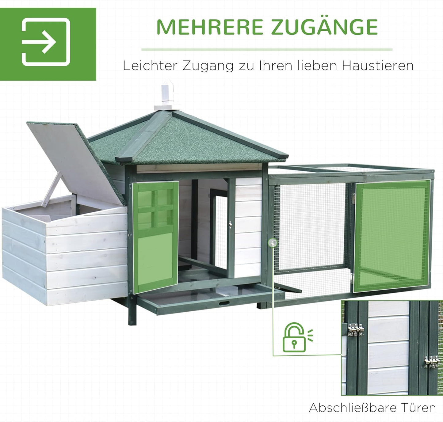PawHut chicken coop with run chicken house, chicken coop with stick laying nest solid wood natural 196 x 76 x 97 cm - QUORE