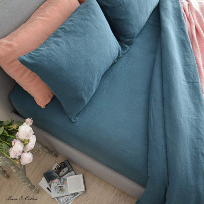 Linen & Cotton Zacht Gezellig Hoeslaken met Elastische Band Alicia - 100% Gewassen Linnen, Petrol Blauw (90 x 190 cm) Beddengoed Beddenlaken Laken Single Twin Eenpersoons Bed Hoge Matras Winter Zomer