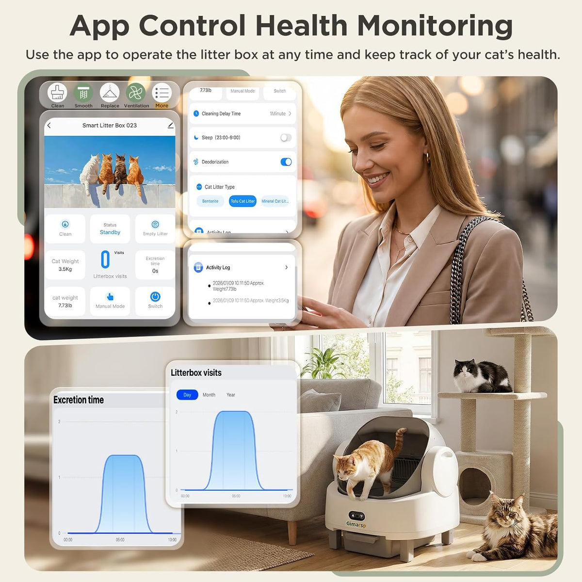 Gimars Open Top Design Zelfreinigende Kattenbak, Automatische Kattenbak voor Meerdere Katten & Senior Katten, App Control met Veiligheidssensoren, Lage Geur, Inclusief Vuilniszakken & Kattenbak, Wit