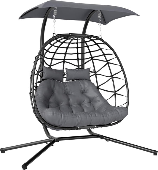 Outsunny Folding Hanging Chair with Frame, Hanging Basket with Cushion, Sunshade, Polyrattan Hanging Chair for 2 People, Outdoor Hanging Swing, Load Capacity up to 260 kg, Chair for Balcony or Terrace, Dark Grey - QUORE