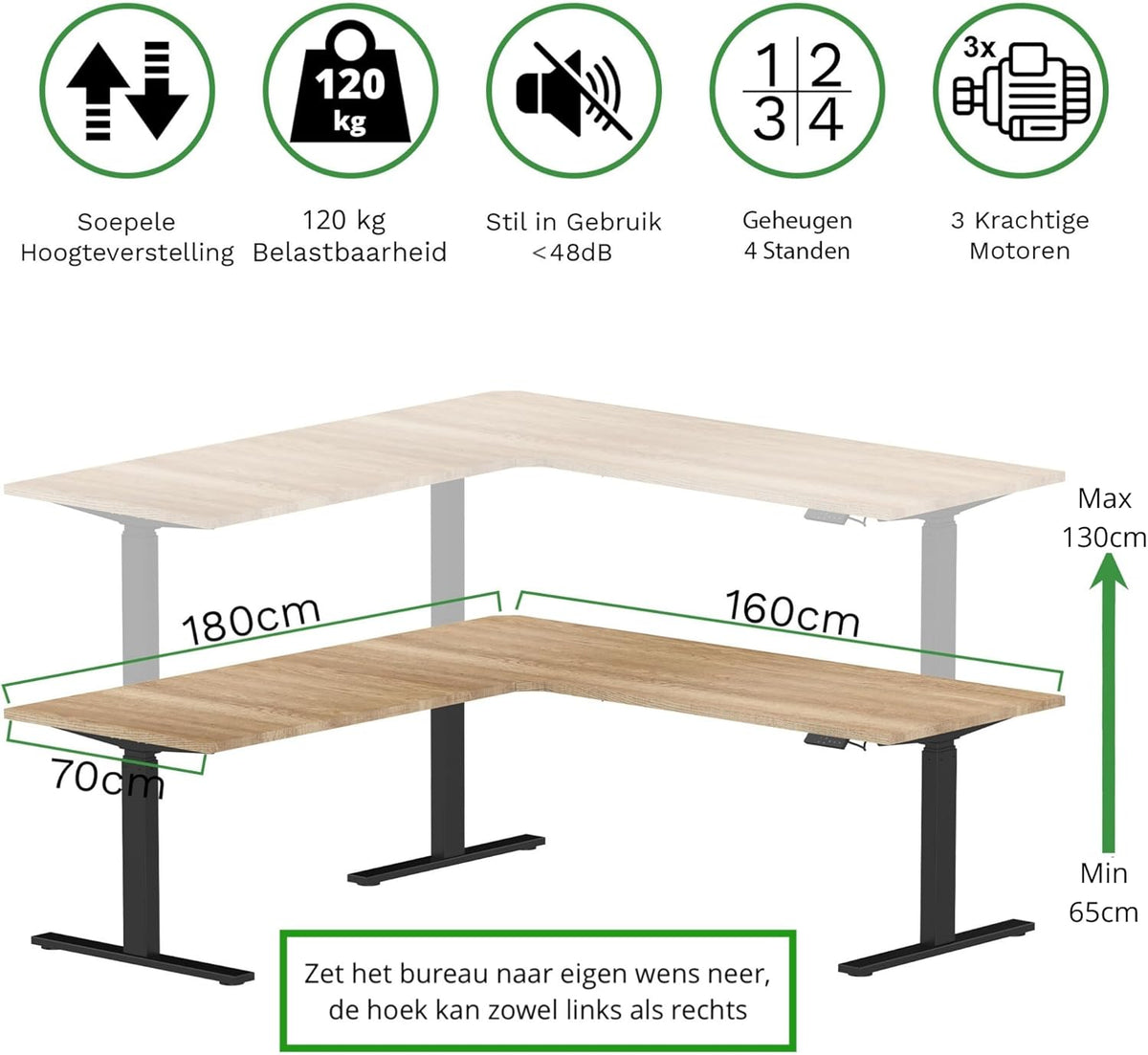 STABUREAUS Seat Stand L-Shaped Corner Desk Electrically Adjustable with 4 Memory Modes | Desktop 180 x 160 x 70 cm | Black - Grey Oak | Height 65-130 cm - QUORE