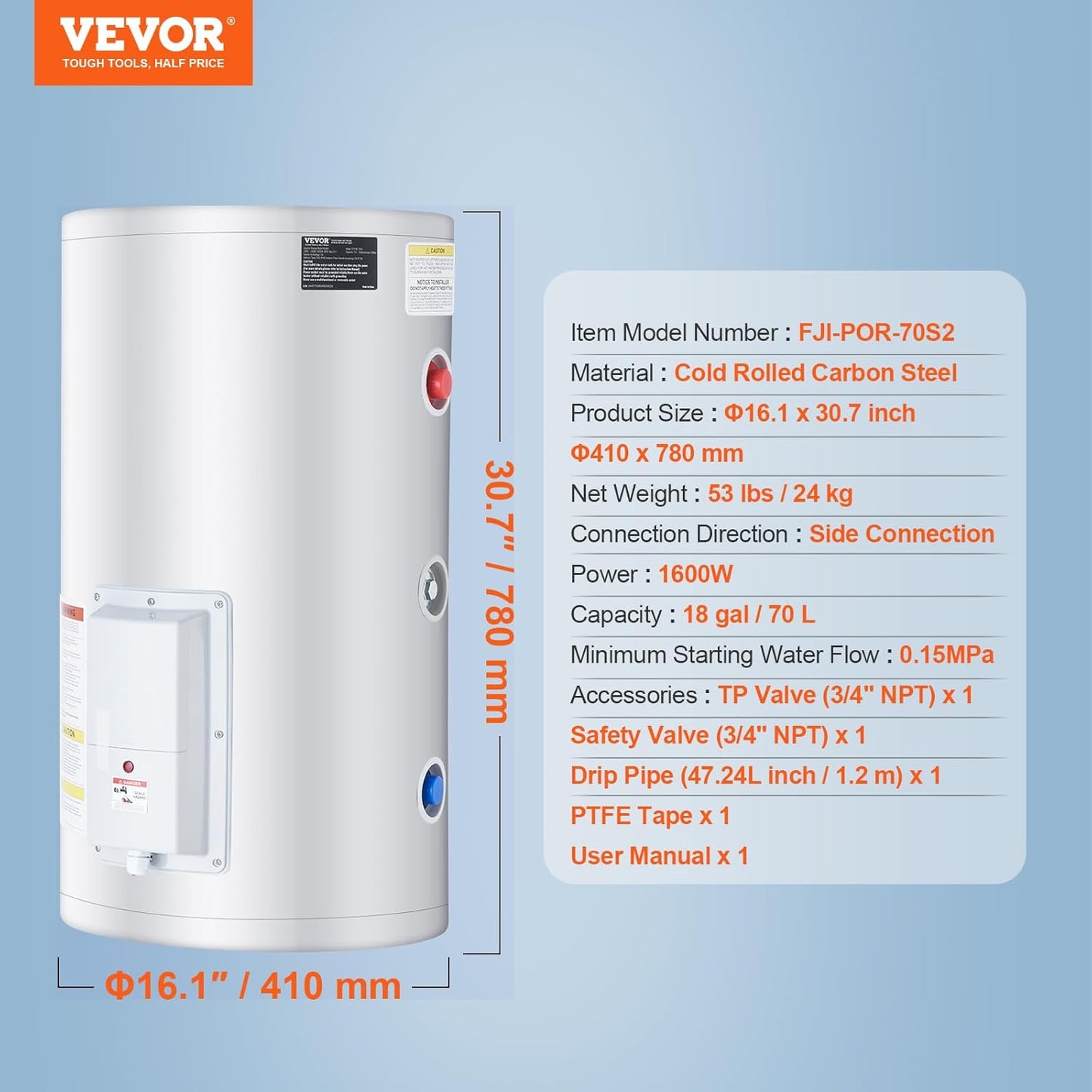 VEVOR Elektrische boiler, 18 gallon tank, doorstroomboiler, 1,6 kW tankloze boiler met led-display, draaiknopbediening, doorstroomboiler voor douche, badkamer