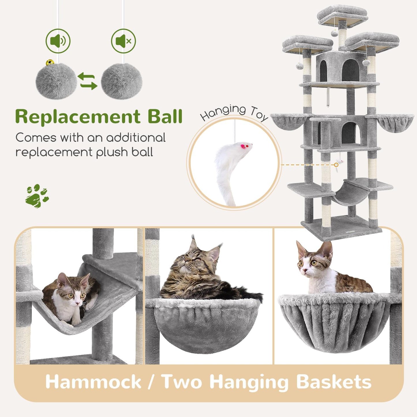 Krabpaal XXL – Krabmeubel – Kattenboom – Krabton – Kattenmeubel – Lichtgrijs – 204 cm Hoog – Luxe Met 3 Gevoerde Zitstokken & 2 Kattenhuisjes