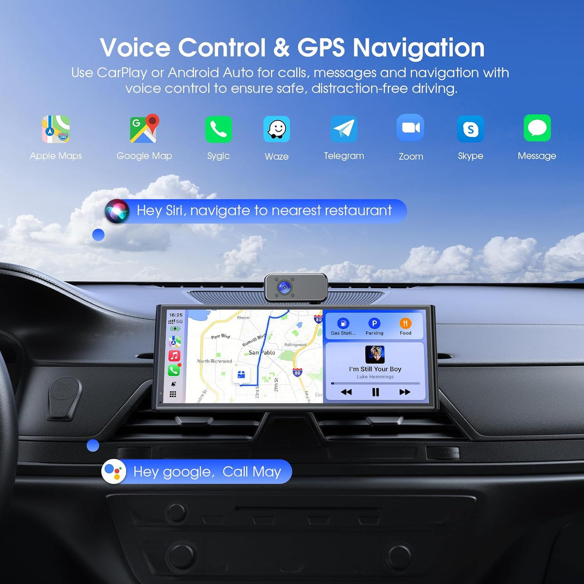 9,26 inch Wireless Apple-CarPlay met 60 fps scherm, Android Auto, met 3 camera's (Front Dash Cam, Rear, Intemal), Portable CarPlay met OTA/GPS-navigatie/Mirror Link/Spraakbediening/Bluetooth/AUX/FM