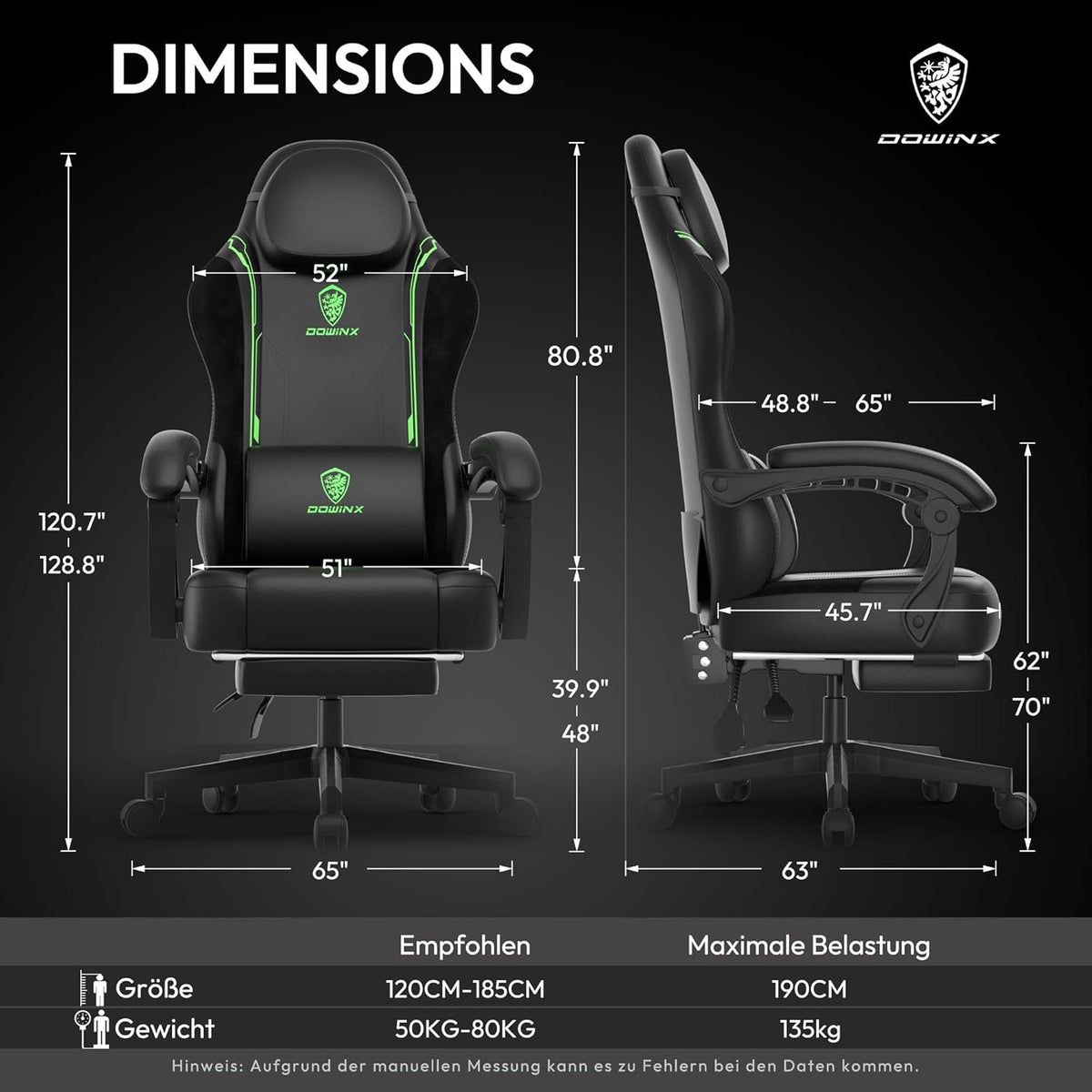 Dowinx Gaming Chair, Racing Gamer Chair, Ergonomic Gaming Chair with Lumbar Support, Gaming Chair, PU Leather, PC Chair, Widened Backrest, 150kg, Green - QUORE