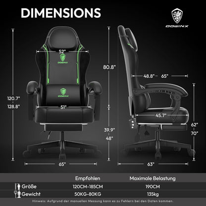 Dowinx Gaming Chair, Racing Gamer Chair, Ergonomic Gaming Chair with Lumbar Support, Gaming Chair, PU Leather, PC Chair, Widened Backrest, 150kg, Green - QUORE