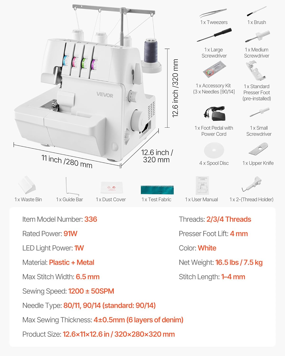 VEVOR Serger Overlock naaimachine, 1250 steken per minuut, 2-3-4 draadvermogen, 0,7-2 instelbare differentiële voeding, met vrije arm en ledlicht, naaimachine voor verschillende stoffen, wit