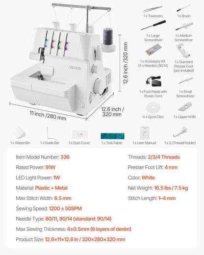 VEVOR Serger Overlock naaimachine, 1250 steken per minuut, 2-3-4 draadvermogen, 0,7-2 instelbare differentiële voeding, met vrije arm en ledlicht, naaimachine voor verschillende stoffen, wit