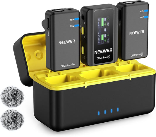 NEEWER CM28 Pro Draadloze lavaliermicrofoon met oplaadhoes, 48 kHz, ongecomprimeerde audio, 16 bits, ruisonderdrukking, opslag van 4 GB, opname 9 uur, compatibel met iPhone, iPad, Android, camera, pc