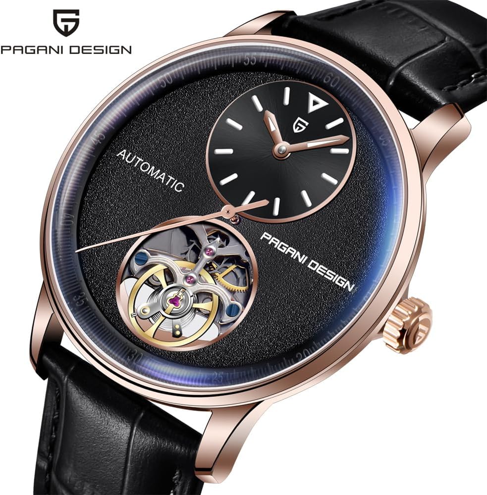 Pagani Design Mechanisch automatisch horloge voor heren, mechanisch visiewerk, behuizing 42 mm van staal 316L armband van PU-leer, waterdicht, 100 m (10 ATM), saffierglas
