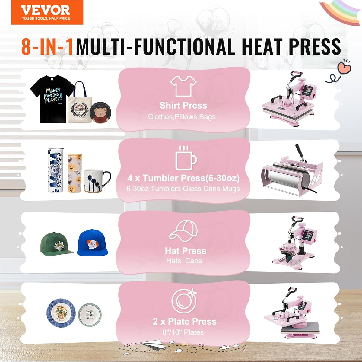 VEVOR Warmteoverdrachtsmachine, 300 x 380 mm, 8-in-1 hittepersmachine met 0,17-0,85 kg trommelpers, 360 graden oscillerend T-shirt persen voor T-shirts/hoeden, roze