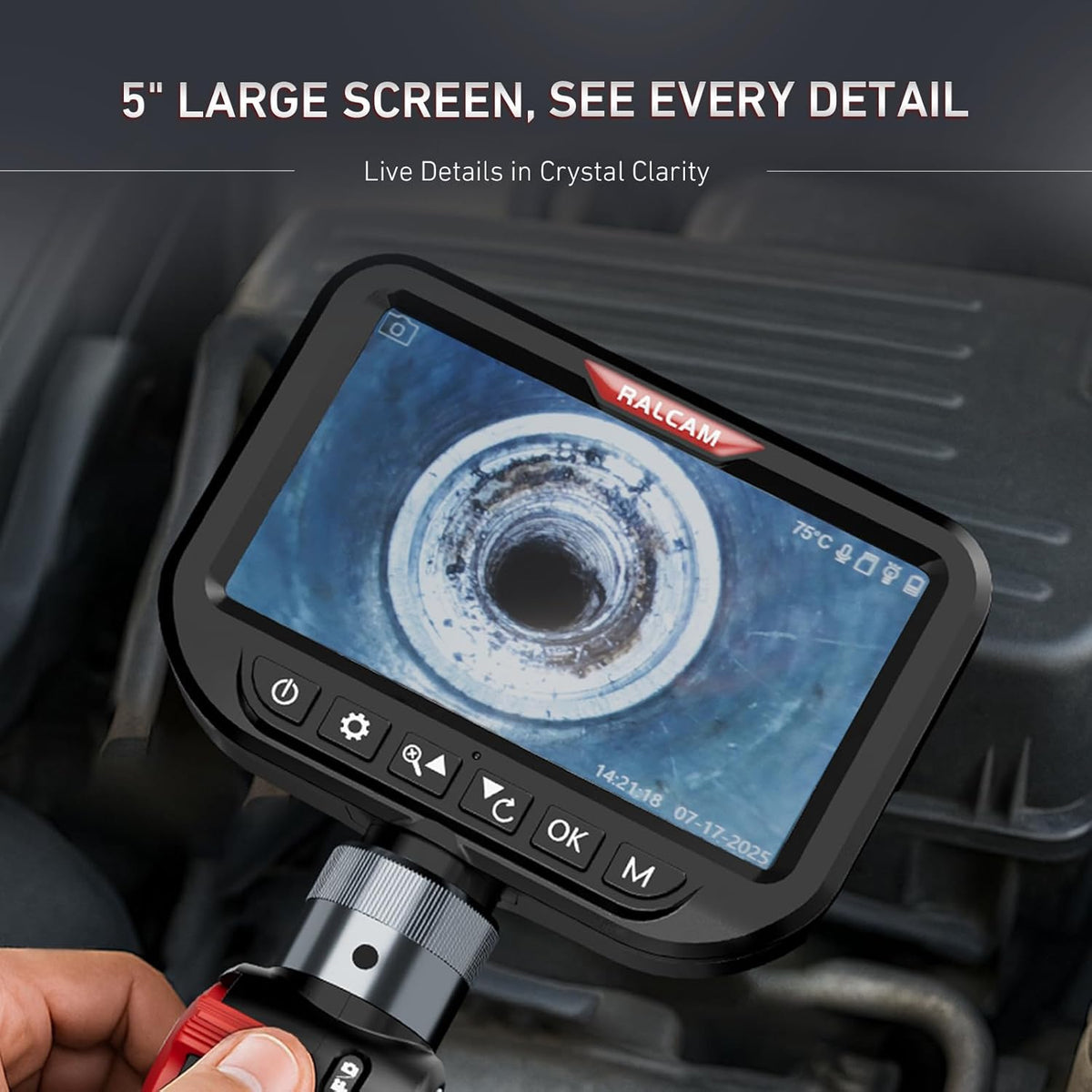 Ralcam Endoscoopcamera met licht, endoscoopcamera met 210° beweegbare kop, 3,9 mm sonde, 5 inch HD-scherm, IP67 inspectiecamera, 1,5 m roestvrijstalen serpentinebuis, buiscamera voor auto en huis